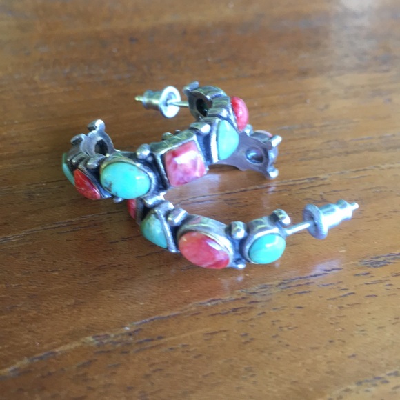 Native American turquoise, red coral, silver hoops - Picture 1 of 7